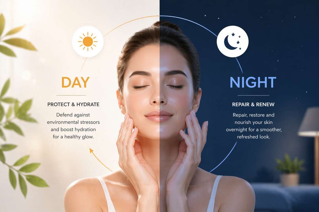 Day vs night skincare routine illustration highlighting hydration, protection, and overnight skin repair