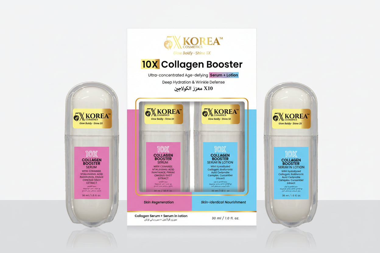10X Collagen Booster product packaging serum and serum in lotion 